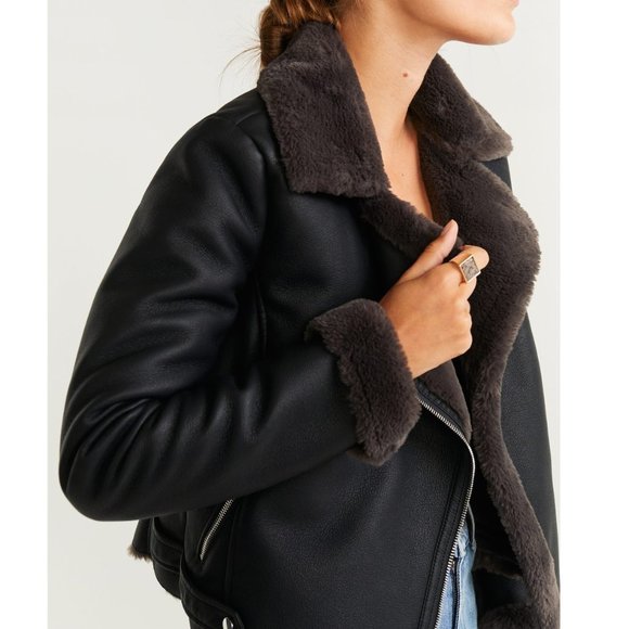 Mango Faux Fur & Leather Biker Jacket - Picture 3 of 11
